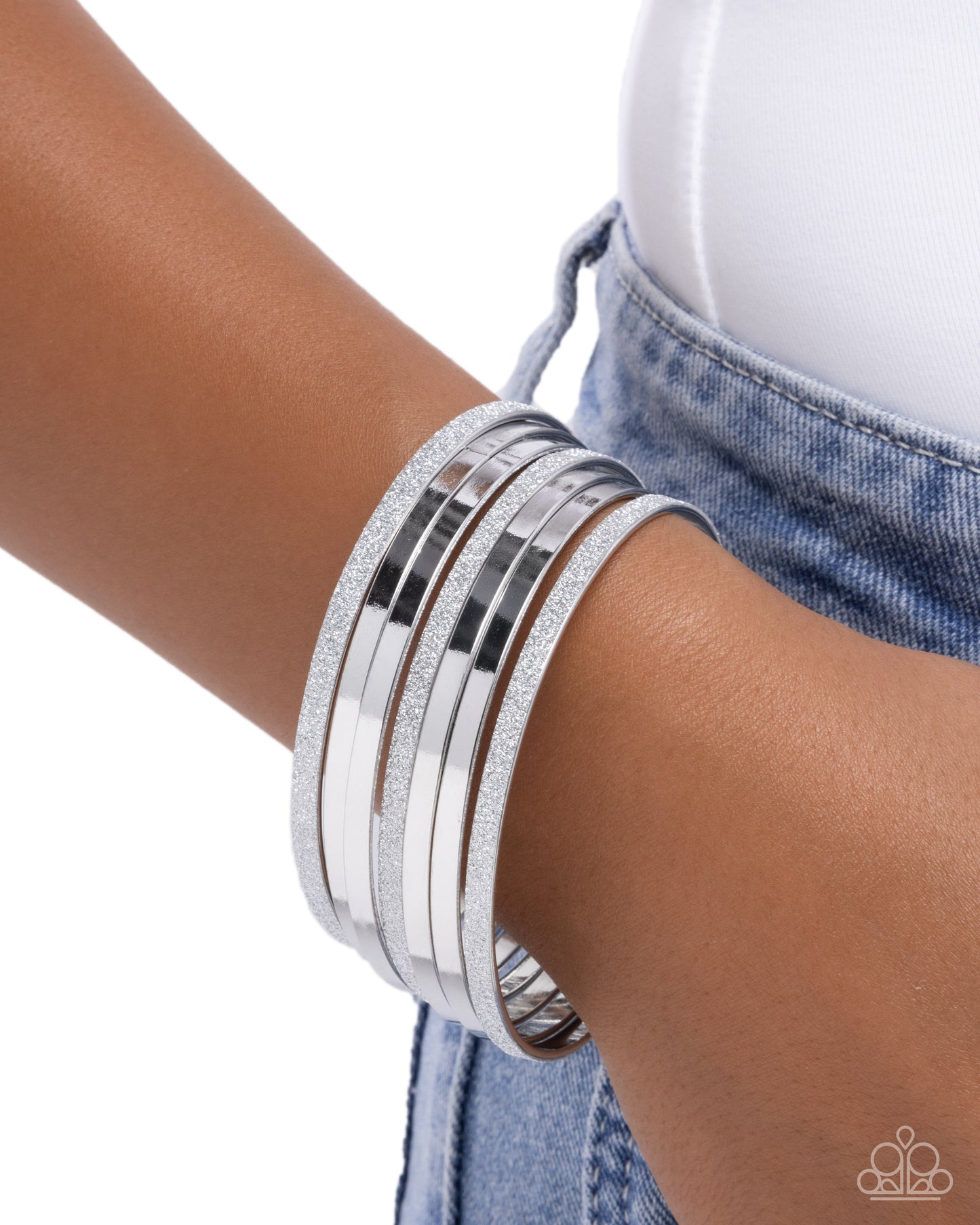 Paparazzi Grungy Glitter - Silver Bangle Set Of 7 Bracelets B2654