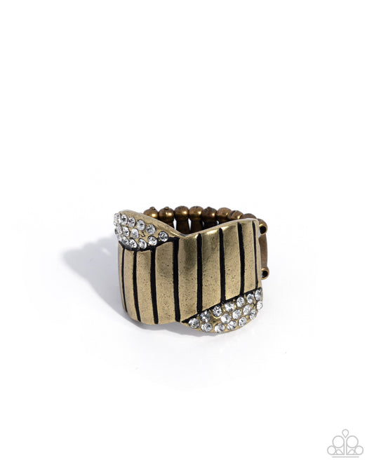 Paparazzi Chic Crossover - Brass & White Rhinestone Band Style Ring R1217