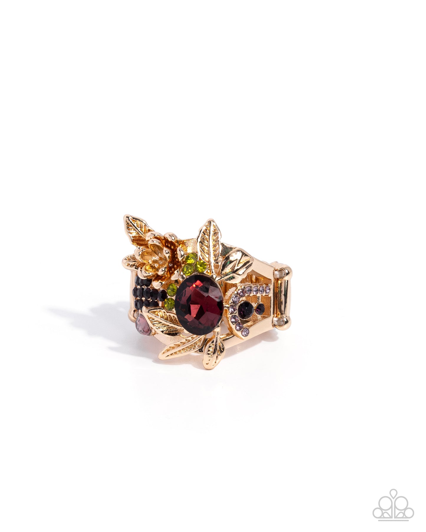Paparazzi Historic Harvest - Gold Leaves, Flowers, Multicolored Rhinestone Thanksgiving Inspired Ring R1180