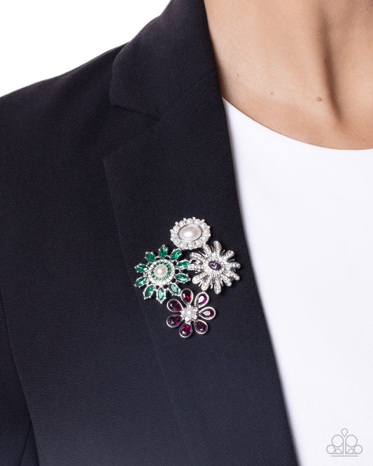 Paparazzi Bustling Bouquet - Multicolor Smoky, Emerald & White Rhinestone Flower Lapel Pin Brooch BR026