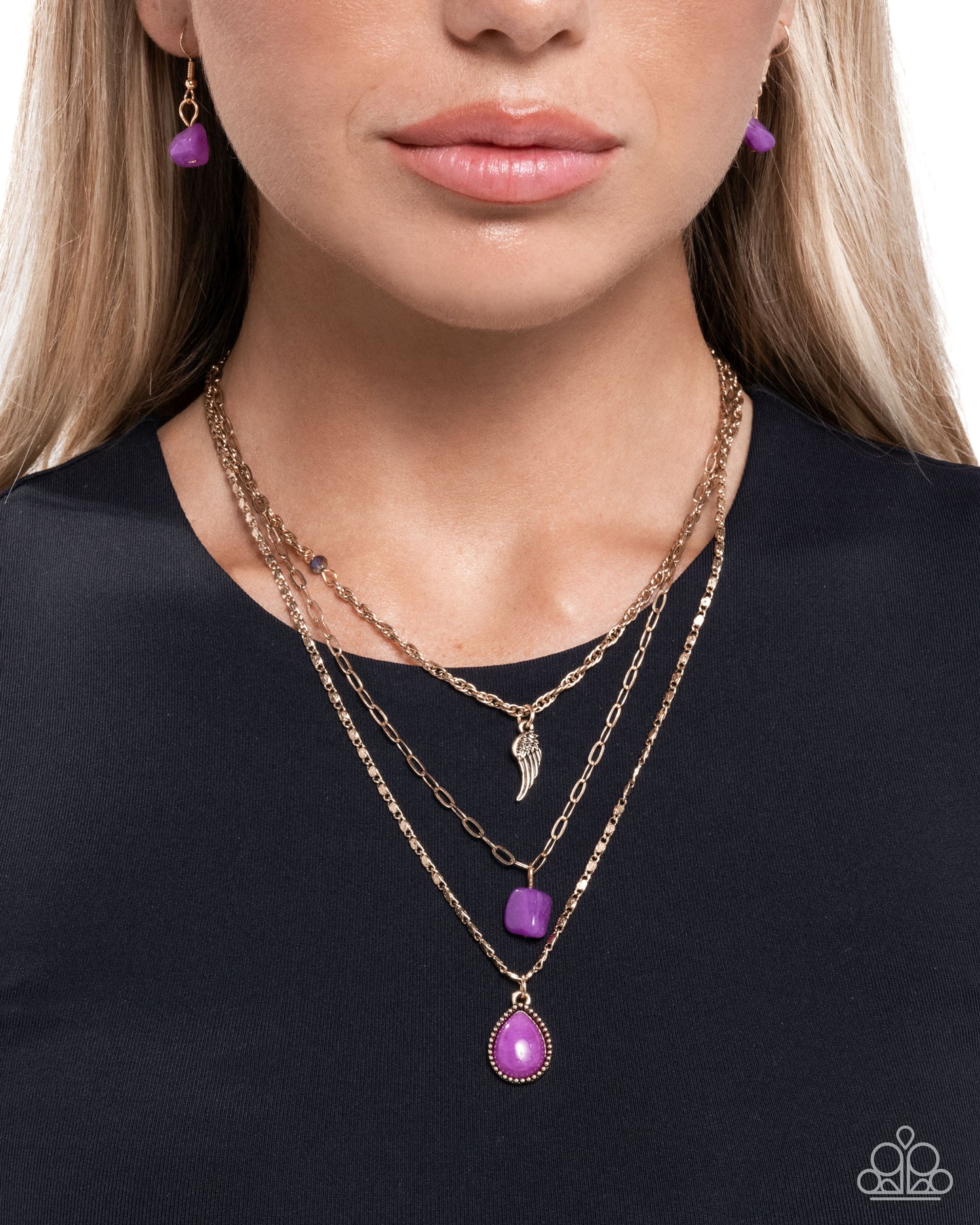 Paparazzi Angelic Anthem - Purple Amethyst Stone & Antiqued Gold Angel Wing Necklace N3877