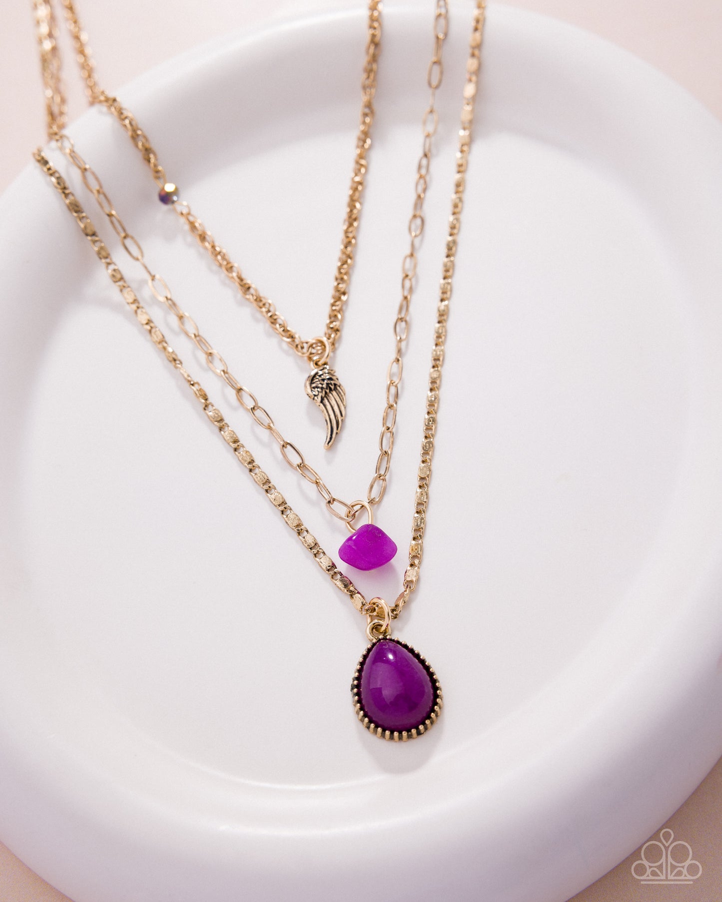 Paparazzi Angelic Anthem - Purple Amethyst Stone & Antiqued Gold Angel Wing Necklace N3877