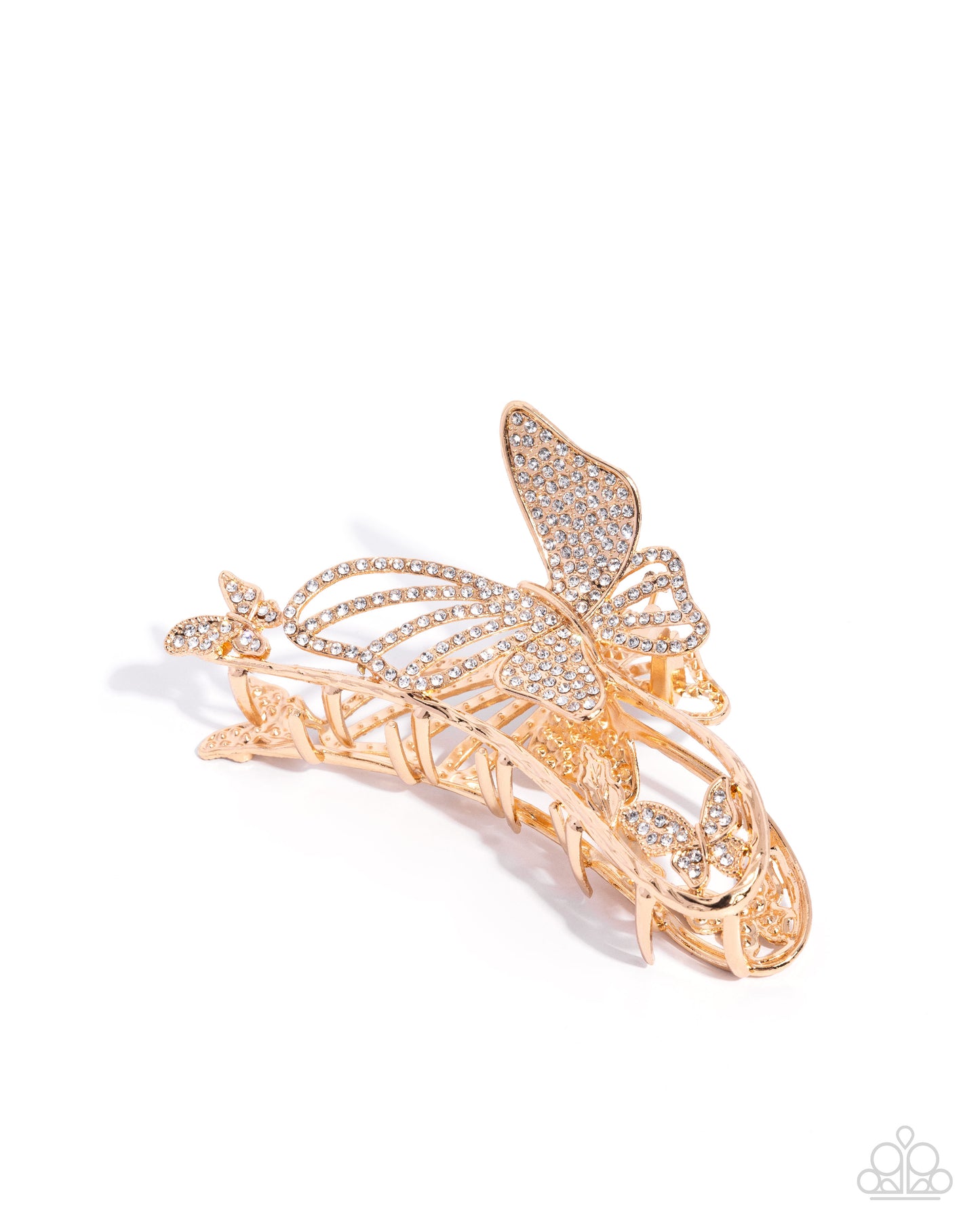 Paparazzi Butterfly Banter - Gold & White Rhinestone Butterfly Hair Claw Clip H0258