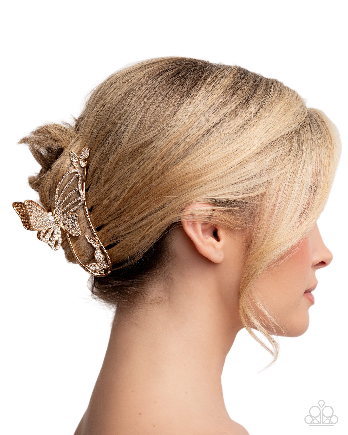 Paparazzi Butterfly Banter - Gold & White Rhinestone Butterfly Hair Claw Clip H0258