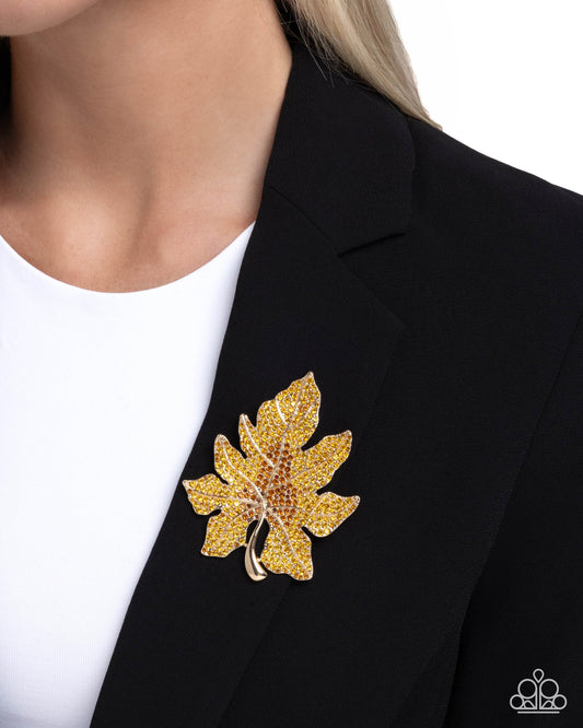 Paparazzi Autumnal Accent - Gold Tea, Topaz Rhinestone Leaf Fall Lapel Pin Brooch