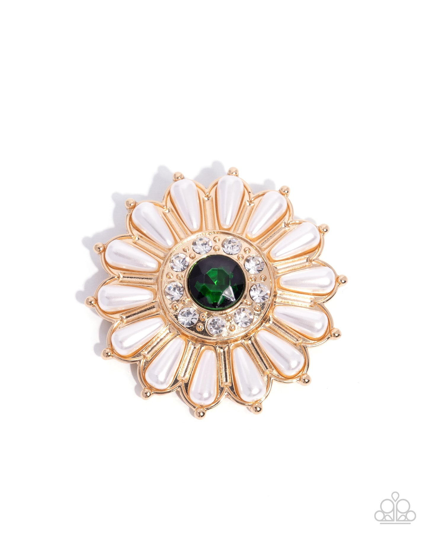 Paparazzi Polished Panorama - Gold, White Rhinestone & White Pearl Petal Flower Lapel Pin Brooch
