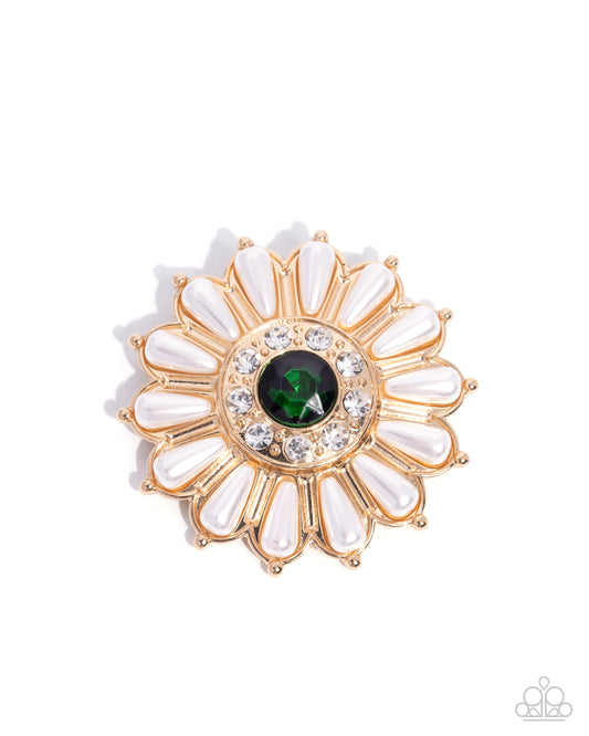 Paparazzi Polished Panorama - Gold, White Rhinestone & White Pearl Petal Flower Lapel Pin Brooch