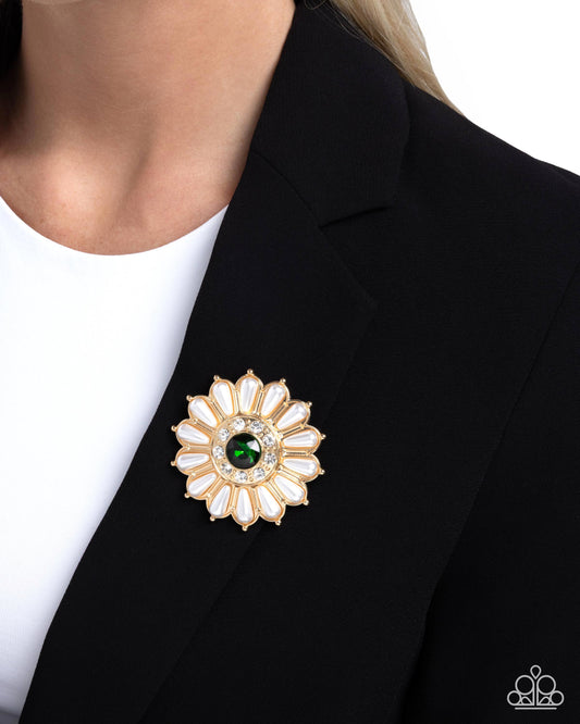 Paparazzi Polished Panorama - Gold, White Rhinestone & White Pearl Petal Flower Lapel Pin Brooch