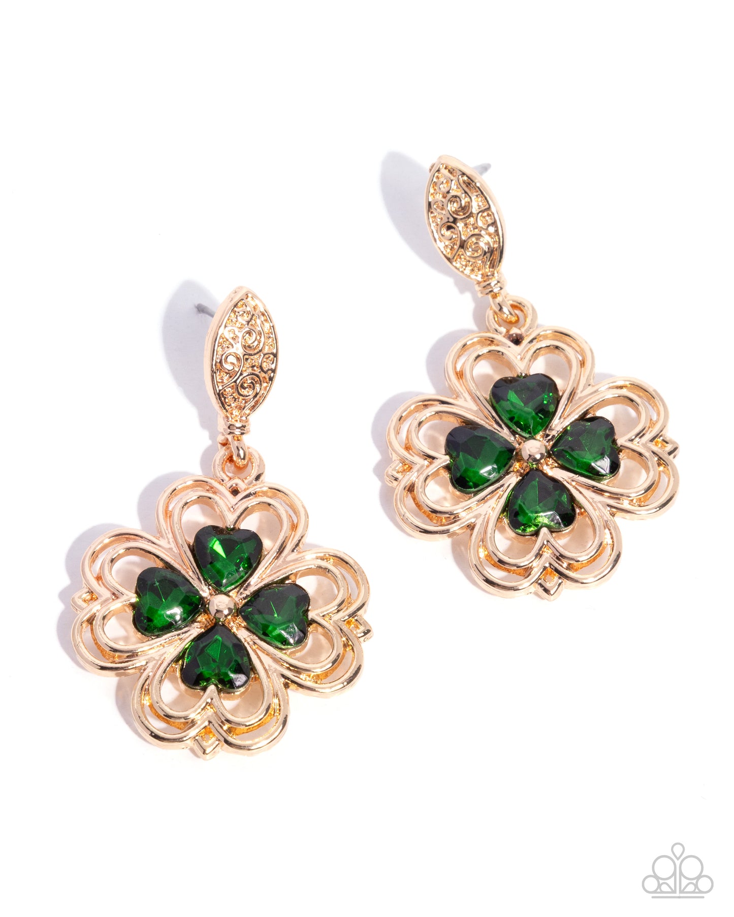 Paparazzi Casual Clover - Green Heart Gem & Gold Four Leaf Clover Post Earring E3345