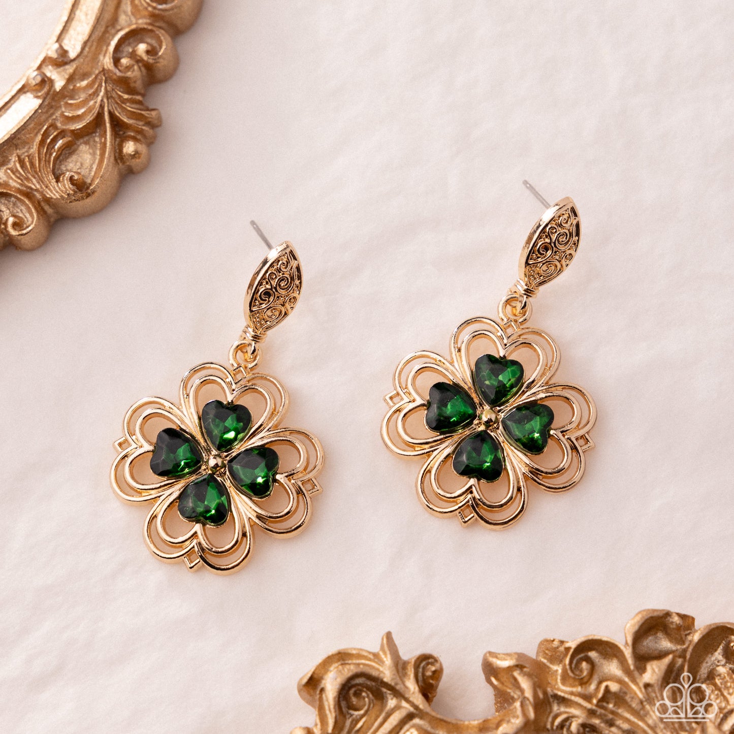Paparazzi Casual Clover - Green Heart Gem & Gold Four Leaf Clover Post Earring E3345