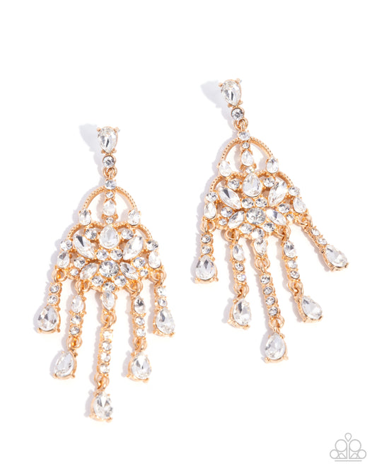 Paparazzi Sparkly Shimmy - Gold & White Rhinestone & Gem Chandelier Earring