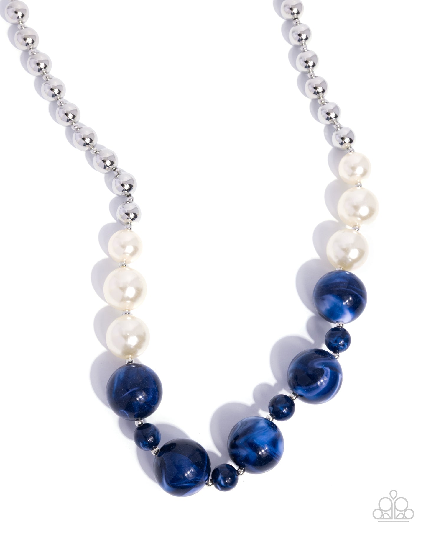 Paparazzi Serendipitous Statement - Blue Swirled Acrylic Bead White Pearl & Silver Bead Necklace N0743