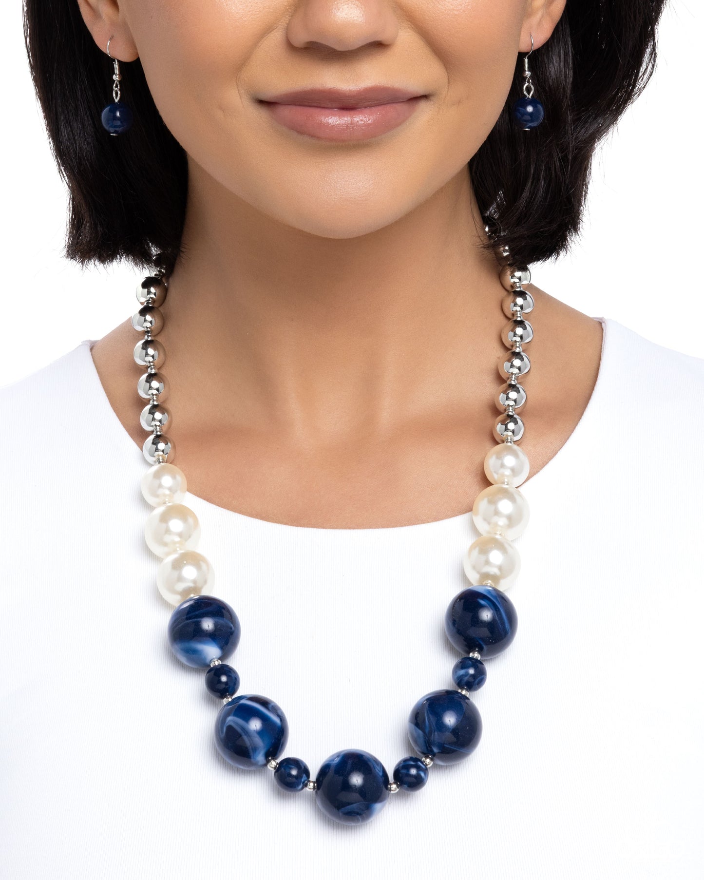 Paparazzi Serendipitous Statement - Blue Swirled Acrylic Bead White Pearl & Silver Bead Necklace N0743