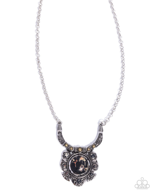 Paparazzi Vintage Attention - Black Marbled Stone Silver Santa Fe Style Necklace N1375
