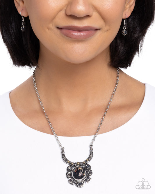 Paparazzi Vintage Attention - Black Marbled Stone Silver Santa Fe Style Necklace N1375