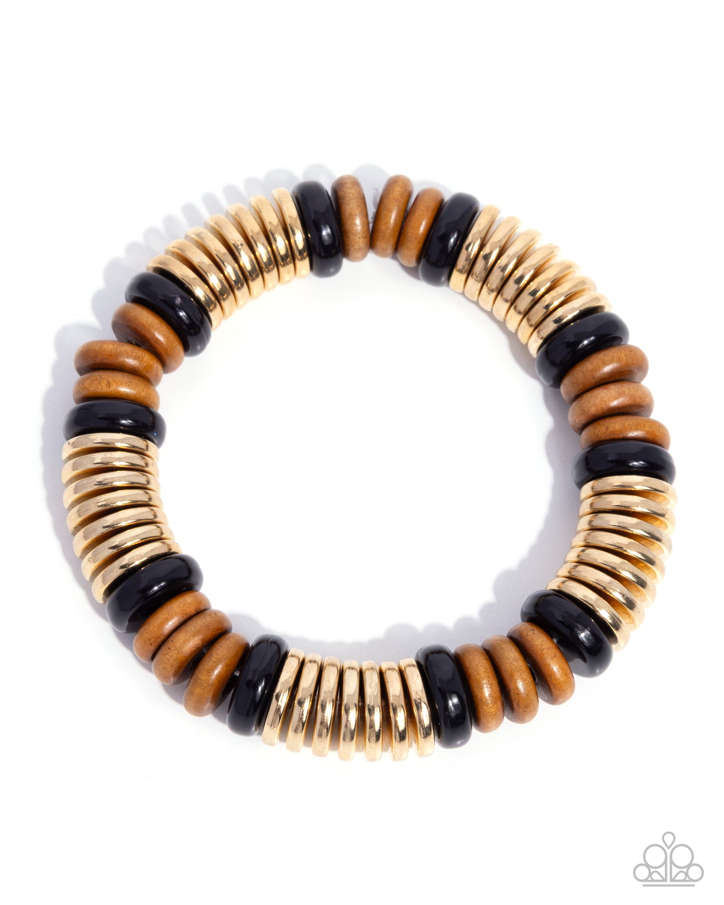 Paparazzi Wood Work - Black Wood & Gold Disc Stretch Bracelet B2516