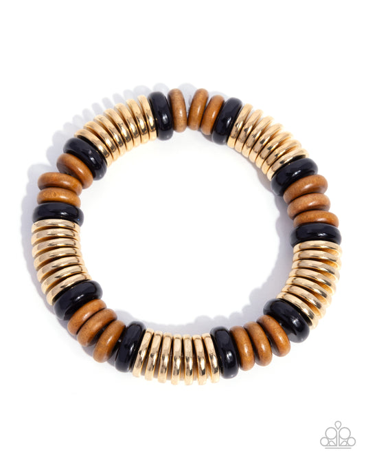 Paparazzi Wood Work - Black Wood & Gold Disc Stretch Bracelet B2516