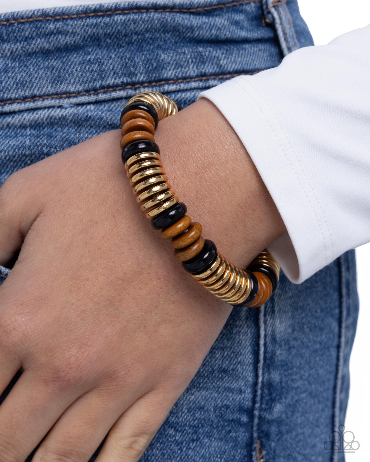 Paparazzi Wood Work - Black Wood & Gold Disc Stretch Bracelet B2516