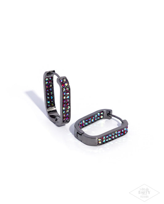Paparazzi Sinuous Silhouettes - Red Iridescent Rhinestone Gunmetal Hoop Earring Life Of The Party Pink Diamond Encore