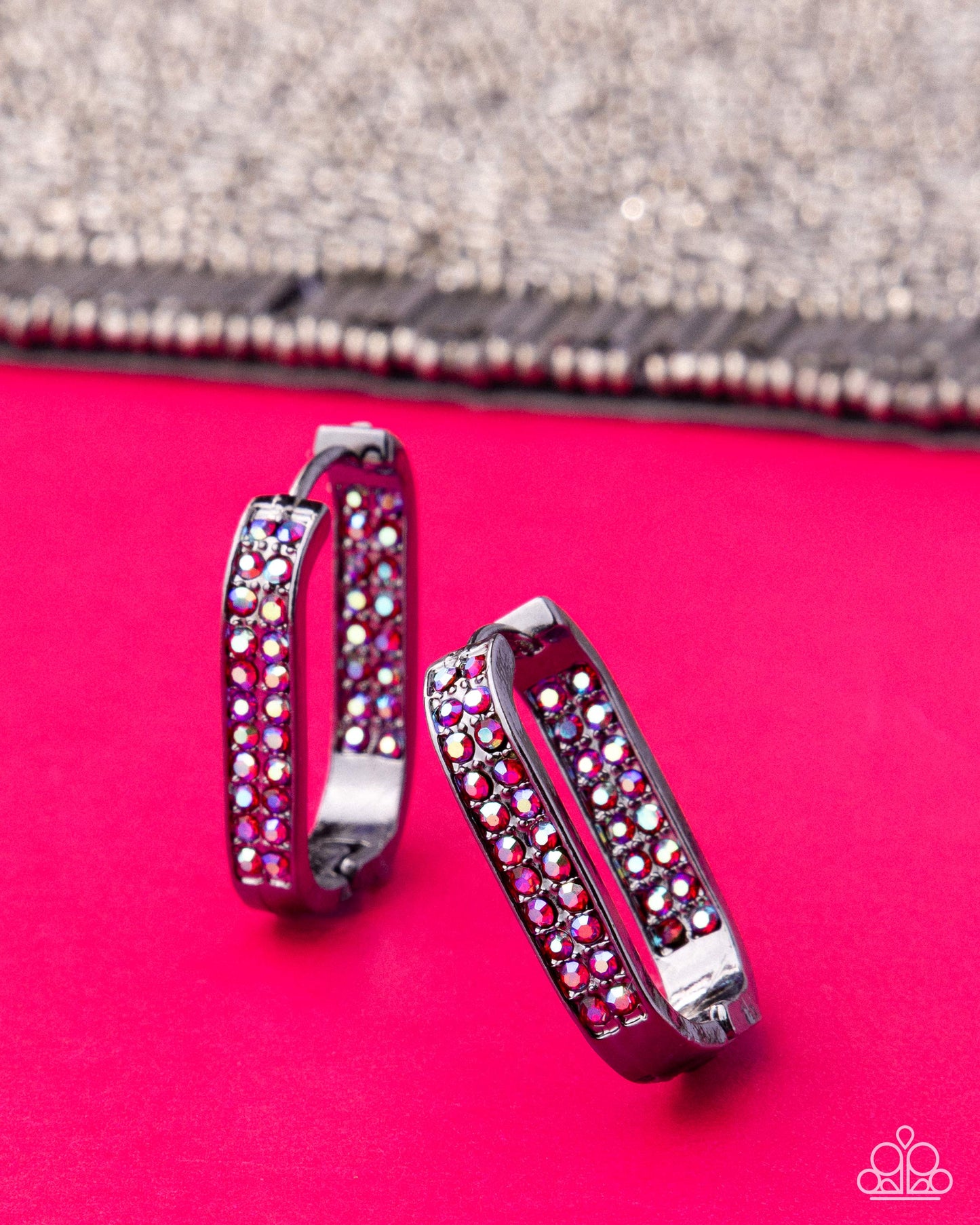 Paparazzi Sinuous Silhouettes - Red Iridescent Rhinestone Gunmetal Hoop Earring Life Of The Party Pink Diamond Encore E3440