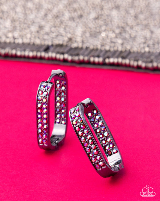 Paparazzi Sinuous Silhouettes - Red Iridescent Rhinestone Gunmetal Hoop Earring Life Of The Party Pink Diamond Encore