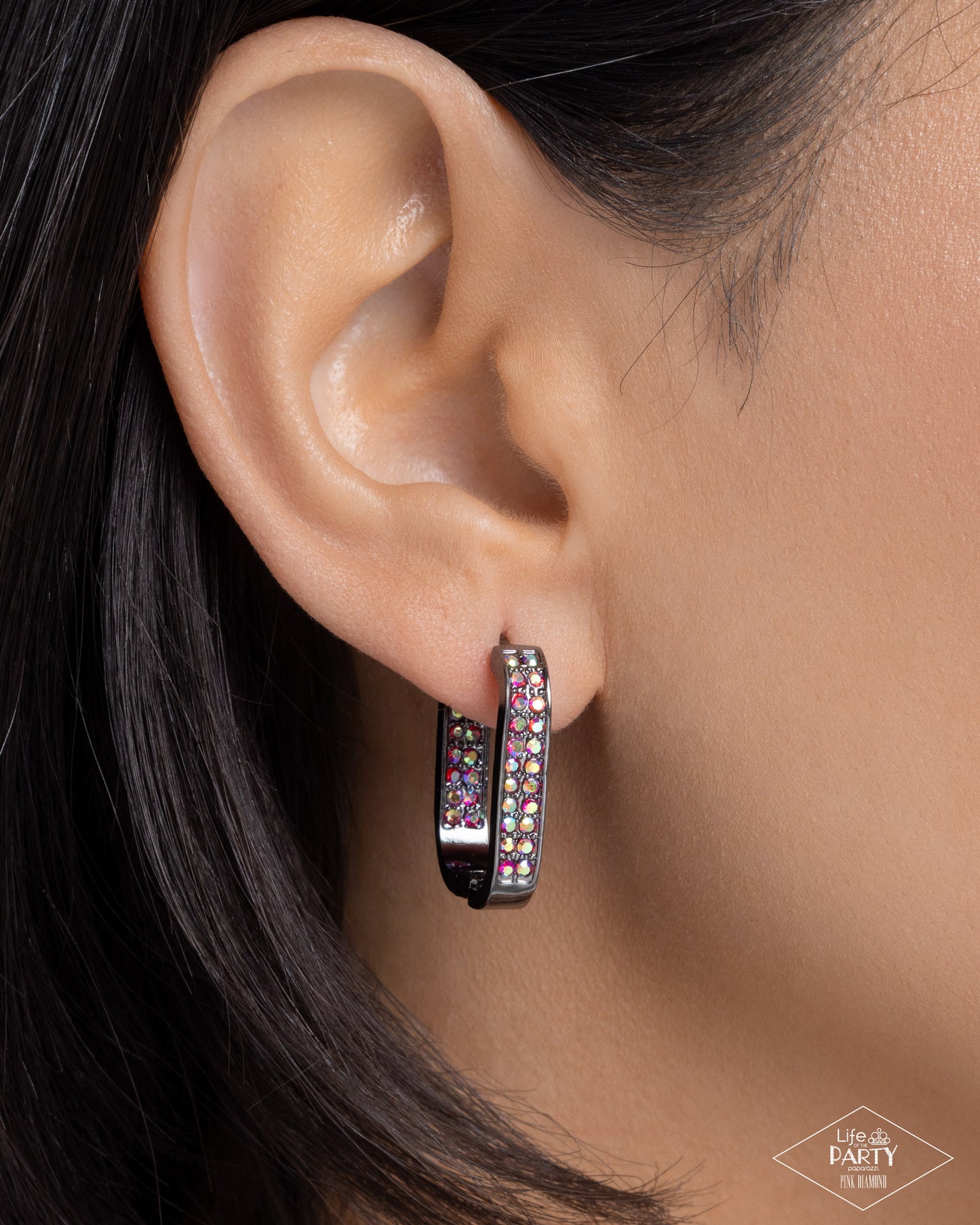 Paparazzi Sinuous Silhouettes - Red Iridescent Rhinestone Gunmetal Hoop Earring Life Of The Party Pink Diamond Encore E3440