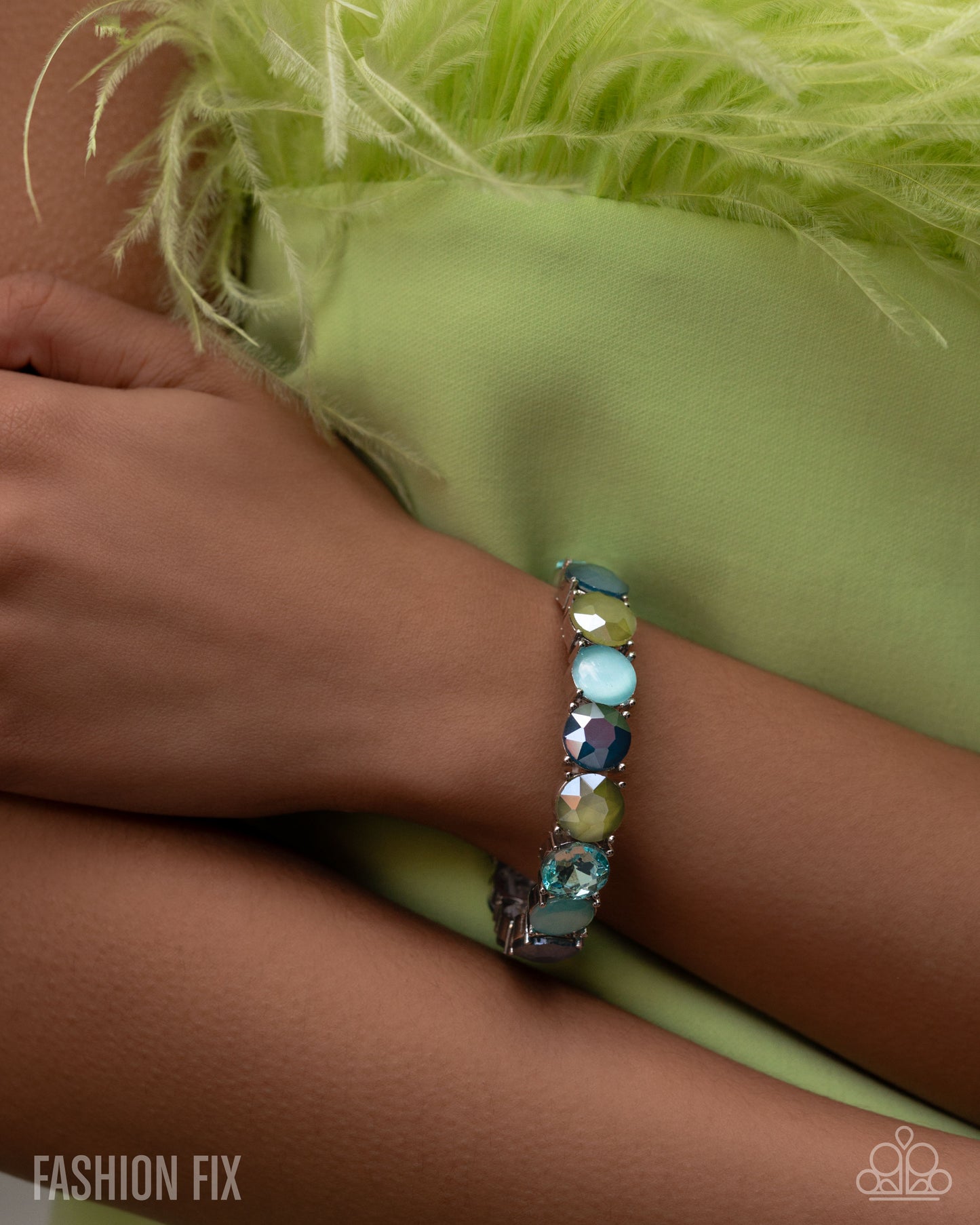 Paparazzi Cool, Calm, And Chic - Green, Blue Gem Stretch Bracelet Glimpses Of Malibu Fashion Fix February 2026