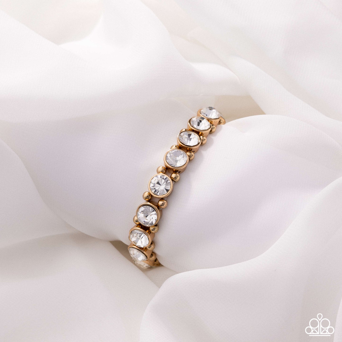 Paparazzi Sugar-Coated Sparkle - Gold & White Rhinestone Stretch Bracelet Life Of The Party Pink Diamond Encore B2746