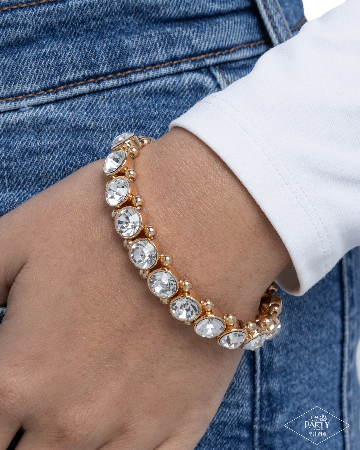 Paparazzi Sugar-Coated Sparkle - Gold & White Rhinestone Stretch Bracelet Life Of The Party Pink Diamond Encore B2746