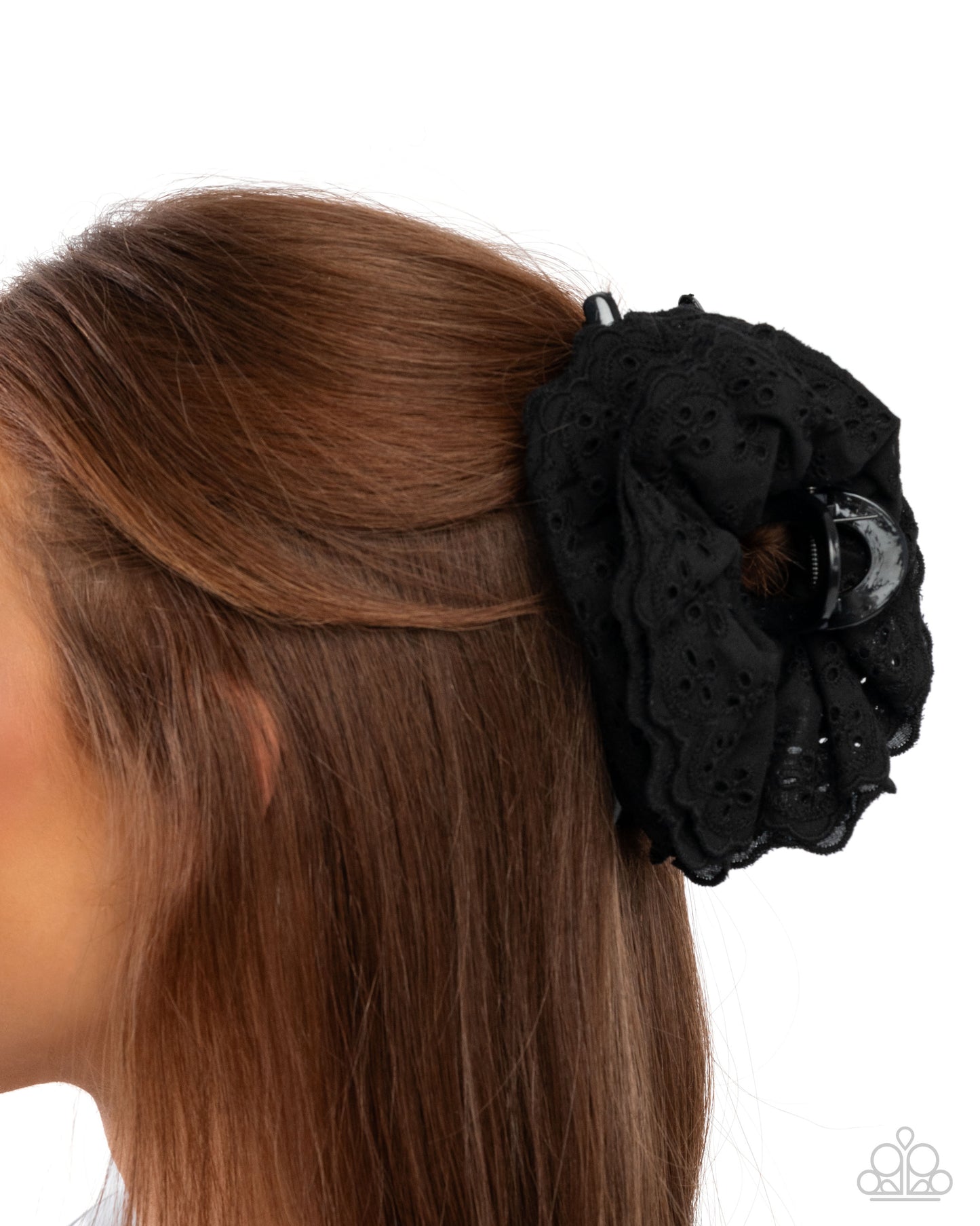 Paparazzi Energetic Eyelets - Black Scalloped Eyelet fabric Hair Claw Clip H0256