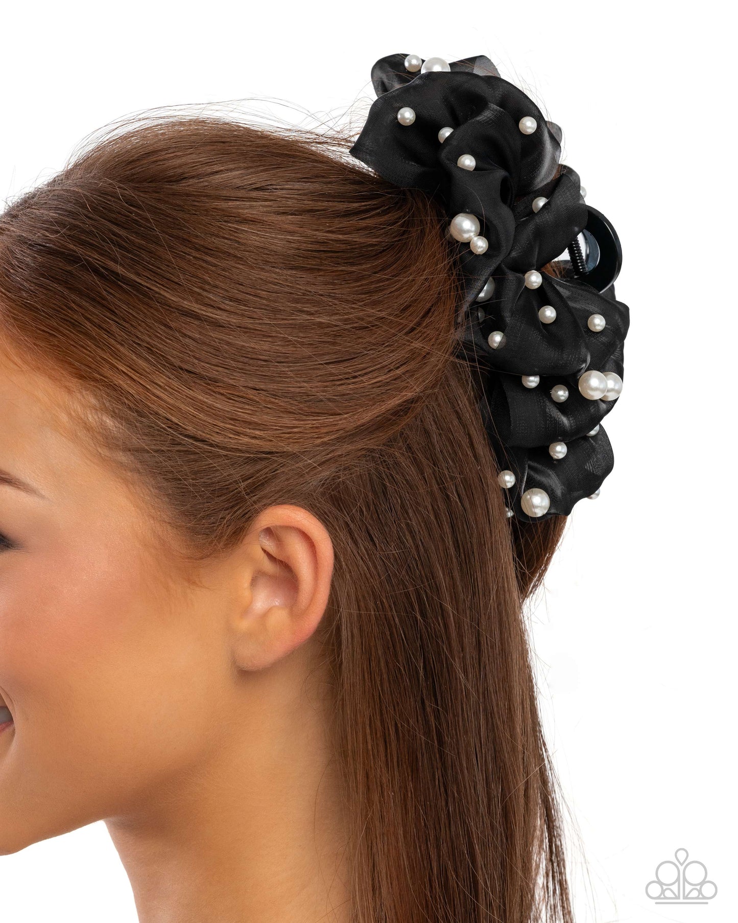 Paparazzi Pearl Page - Black Fabric White Pearl Hair Claw Clip H0260