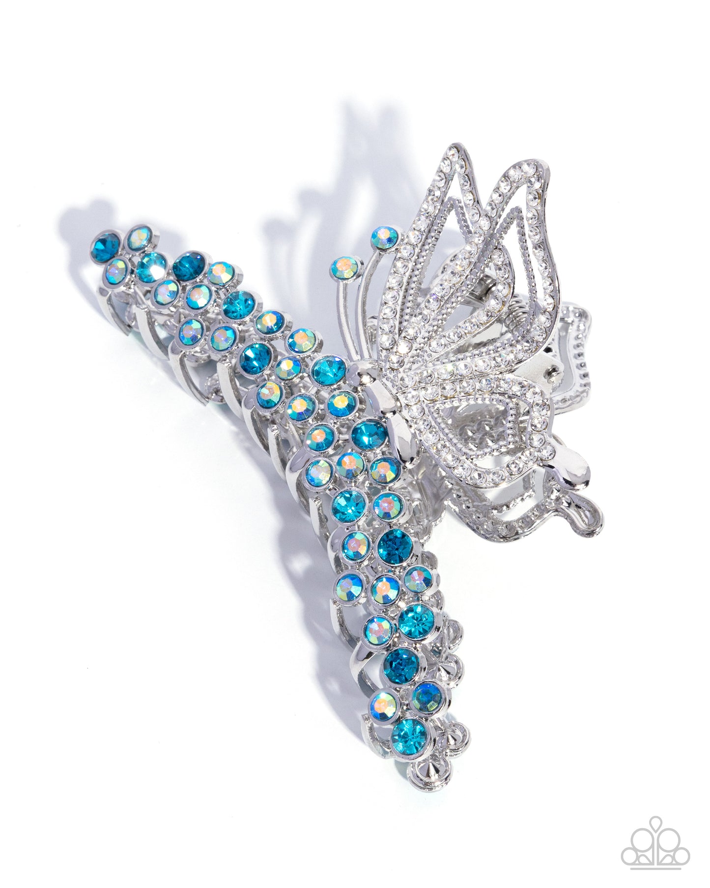 Paparazzi Admirable Administration - Blue, White, Iridescent Rhinestone Silver Butterfly Hair Claw Clip H0254