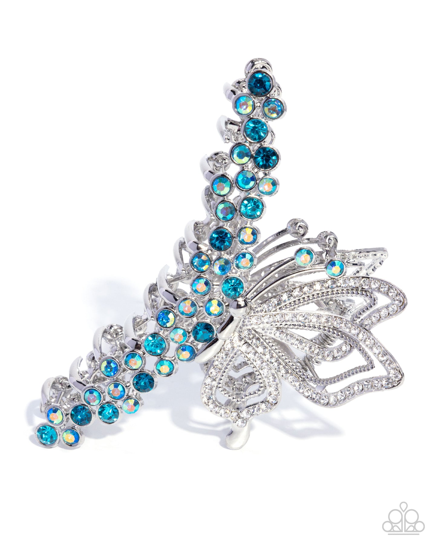 Paparazzi Admirable Administration - Blue, White, Iridescent Rhinestone Silver Butterfly Hair Claw Clip H0254