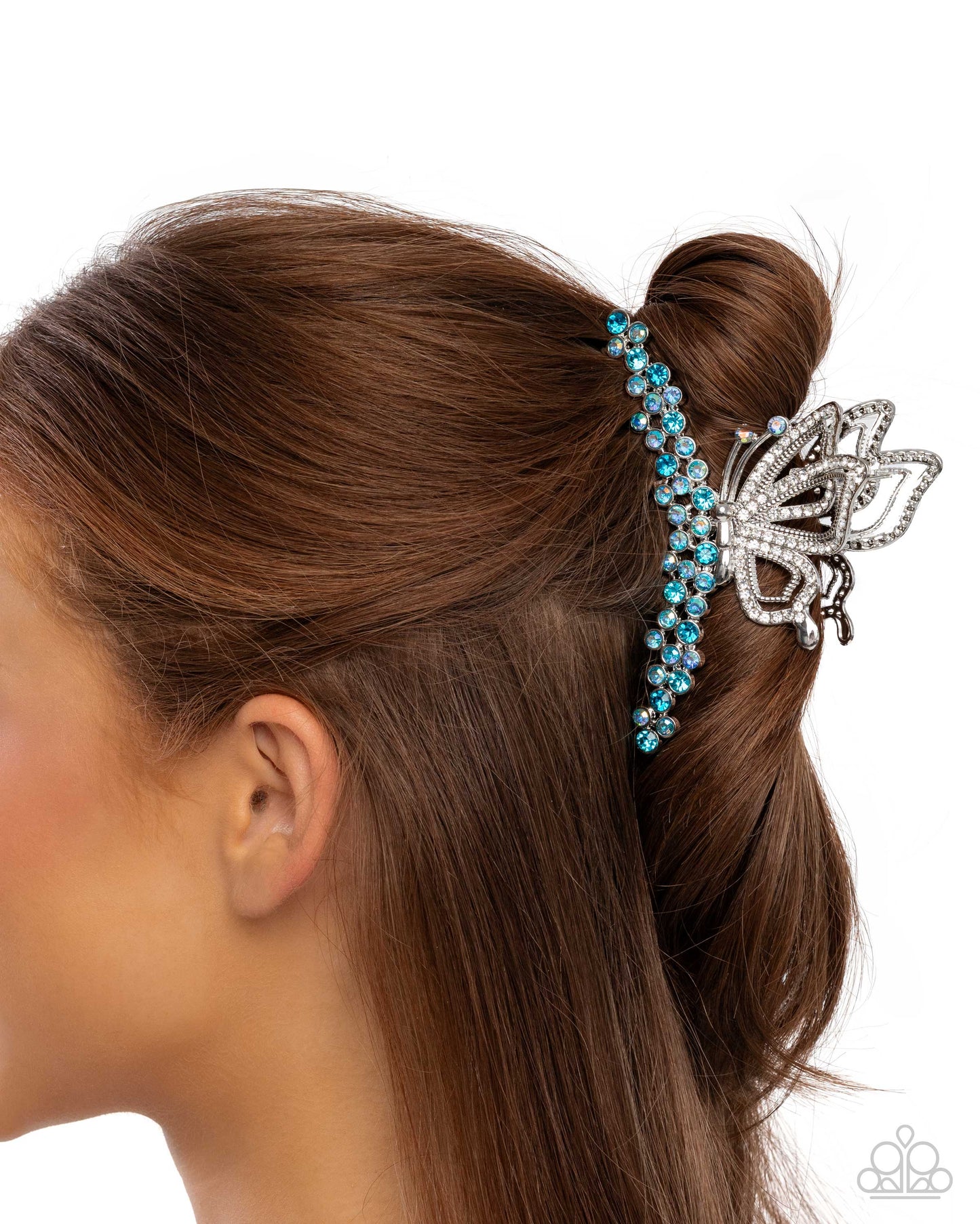 Paparazzi Admirable Administration - Blue, White, Iridescent Rhinestone Silver Butterfly Hair Claw Clip H0254