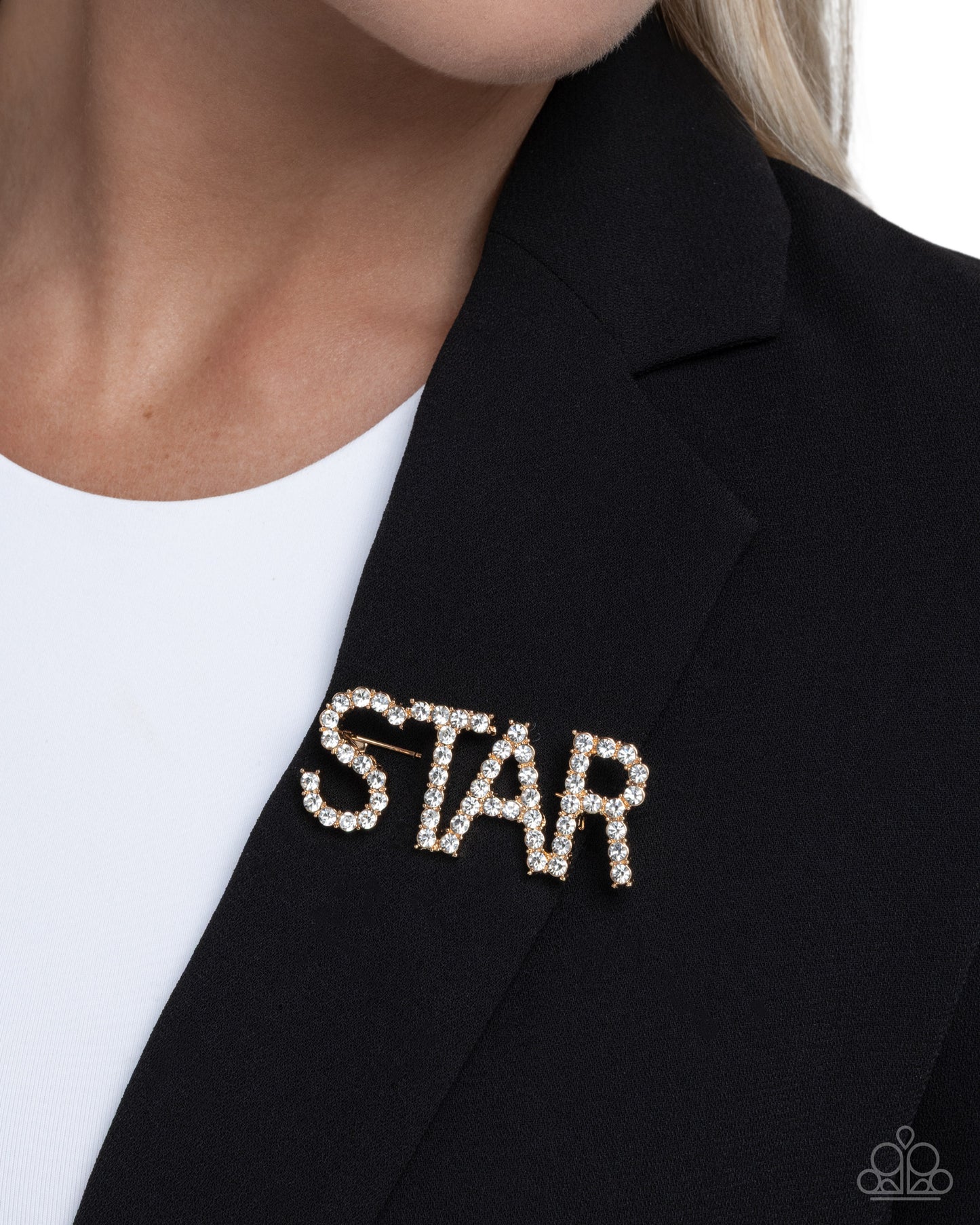 Paparazzi Superstar Sum - Gold "STAR" White Rhinestone Lapel Pin Brooch BR040
