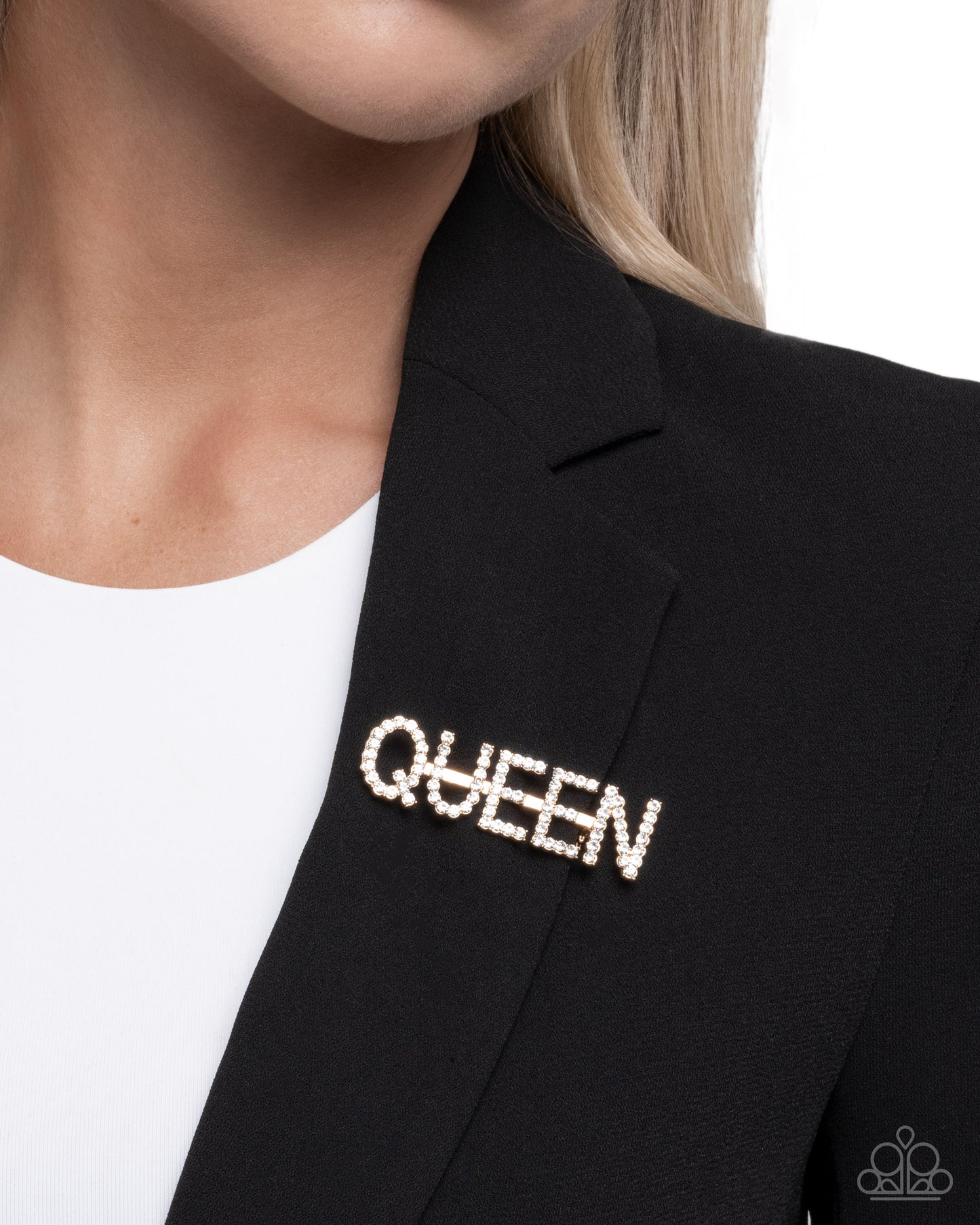 Paparazzi Queen Behavior - Gold & White Rhinestone "QUEEN" Lapel Pin Brooch BR036
