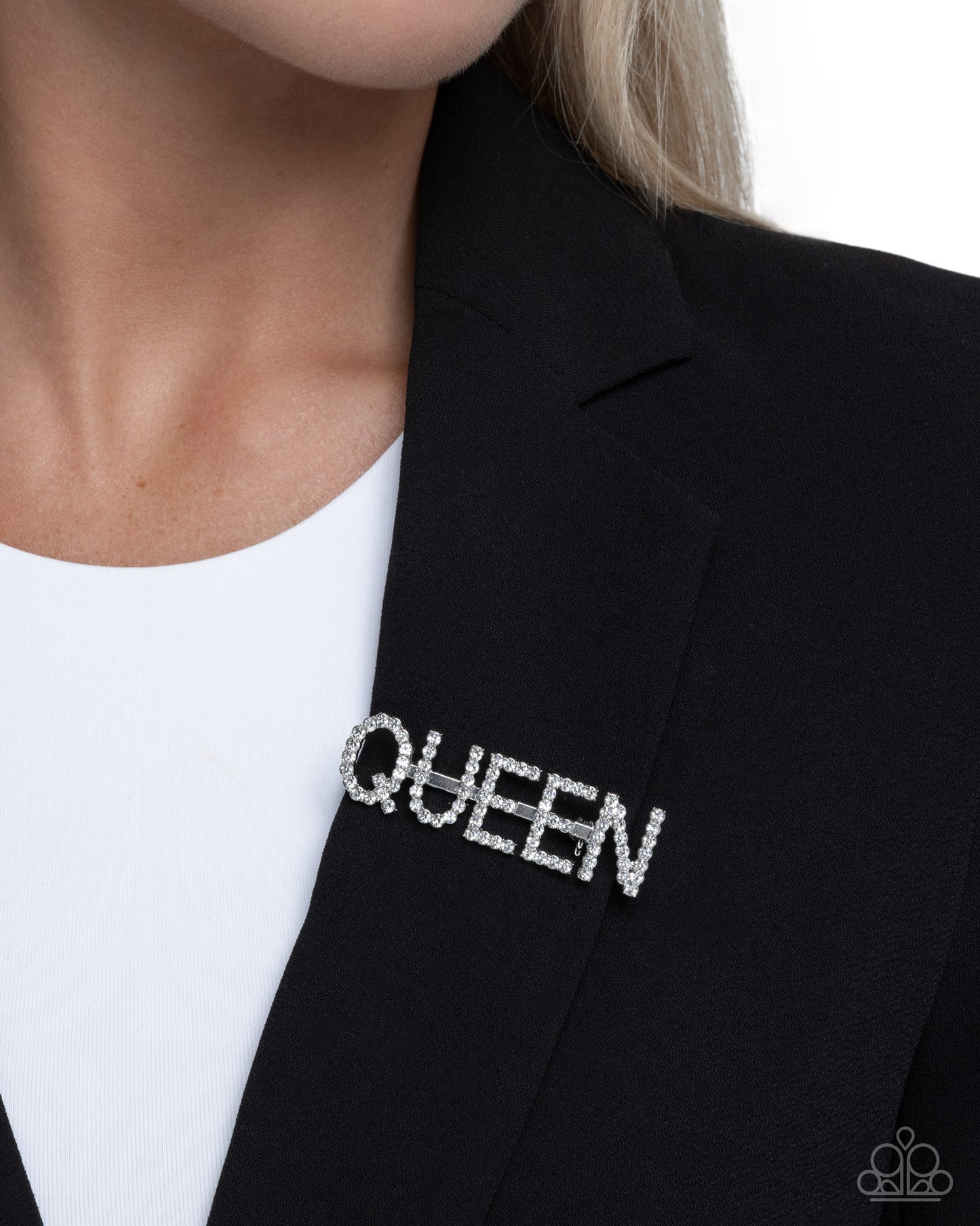 Paparazzi Queen Behavior - White Rhinestone Silver "QUEEN" Lapel Pin Brooch BR039