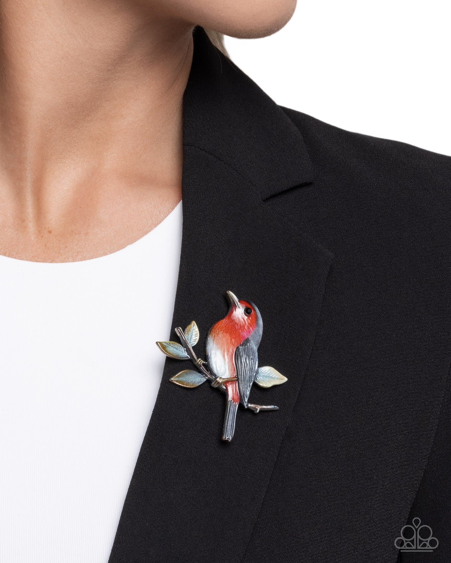 Paparazzi Soothing Sparrow - Multicolored Red Sparrow Lapel Pin Brooch BR029