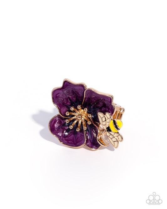 Paparazzi Introspective Icon - Purple Painted Damson Flower & Gold Bee Ring R1382