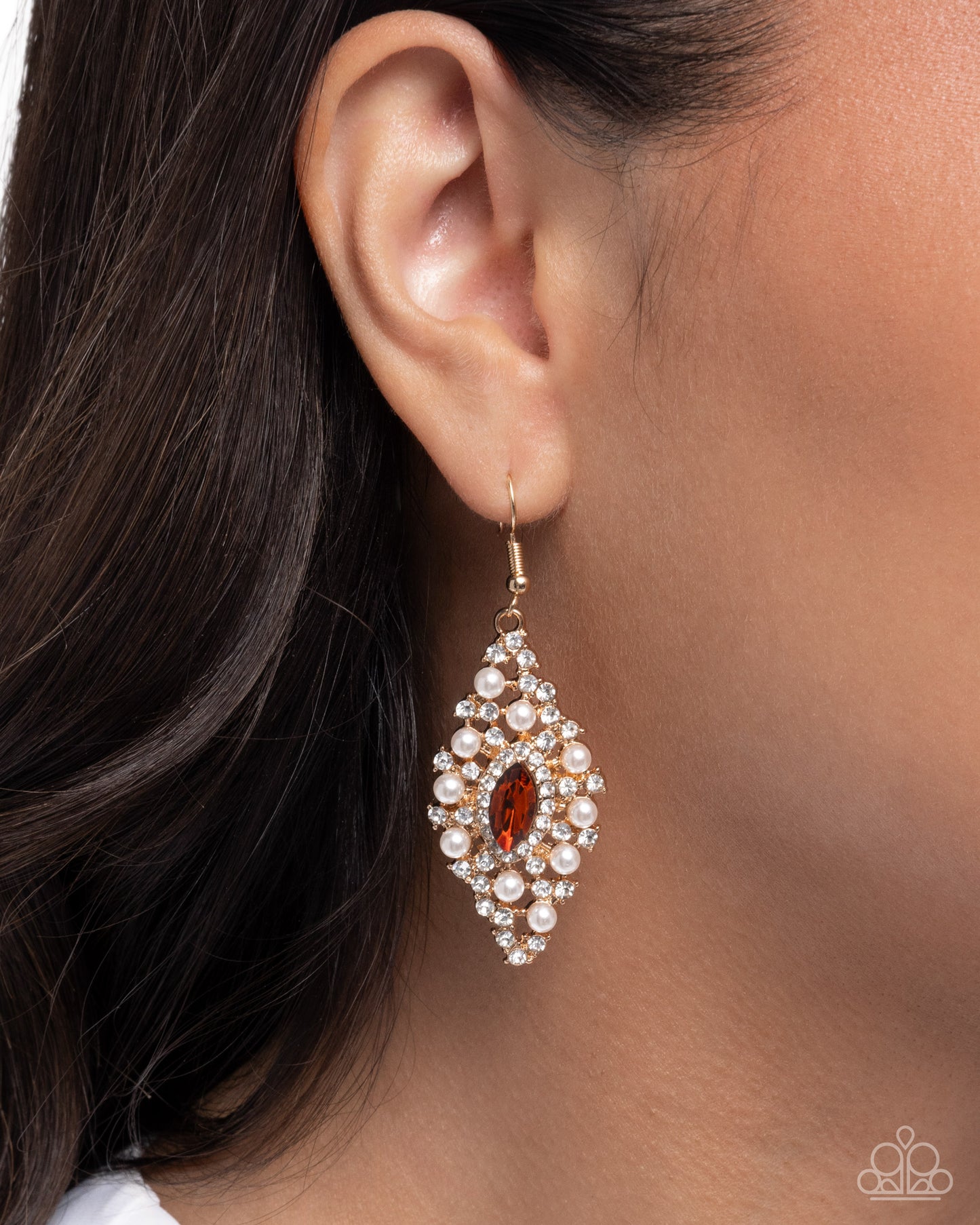 Paparazzi Palatial Promenade - Brown Topaz Gem & White Pearl Gold Earring E3386
