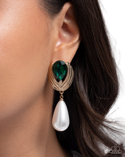 Paparazzi Elegantly Enraptured - Green Emerald Gem & Teardrop White Pearl Earring E3406