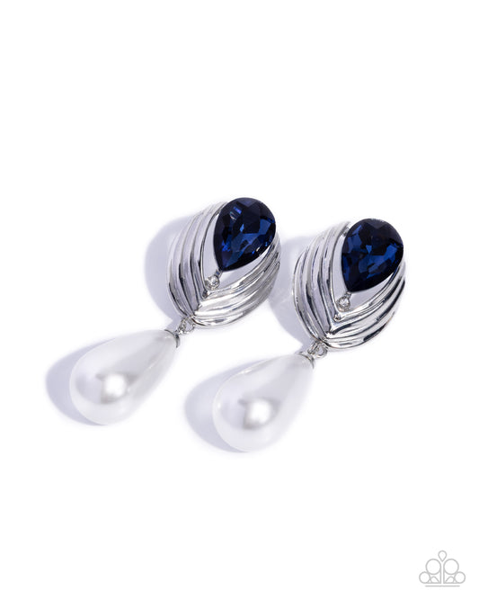 Paparazzi Elegantly Enraptured - Blue Montana Teardrop Gem Silver & White Pearl Bead Earring E3381