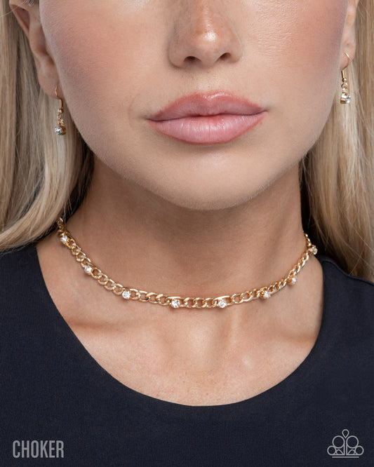 Paparazzi Immense Sparkle - Gold Figaro Chain White Gem Choker Necklace