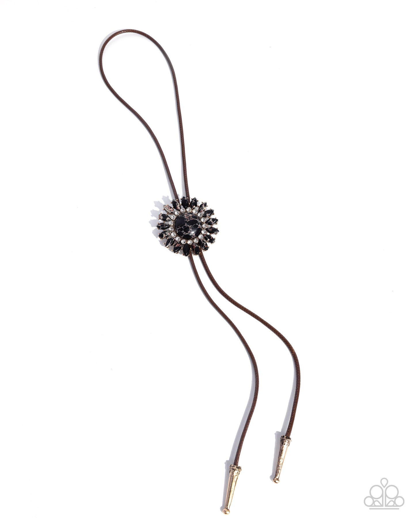 Paparazzi Authentic Abloom - Black Marbled Stone & White Rhinestone Flower Antiqued Gold Santa Fe Style Necklace N3953