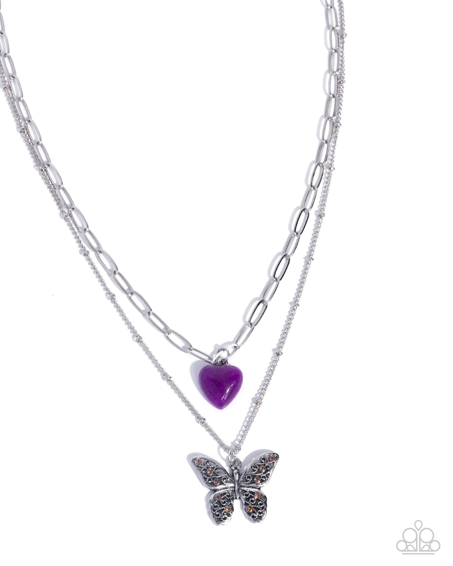 Paparazzi Freeing Fairy Tale - Purple Amethyst Stone Heart & Silver Butterfly Layered Necklace N3149