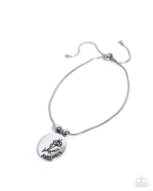 Paparazzi Personalized Bouquet - February - Silver Stamped "February" & Violet Birth Month Flower Charm Sliding Bead Closure Bracelet B2600
