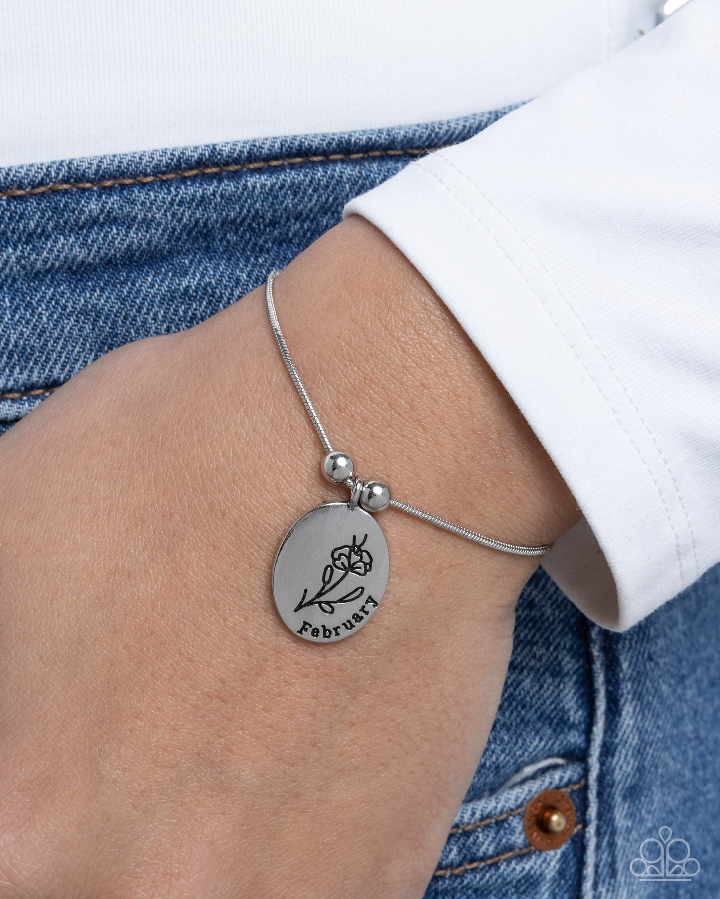 Paparazzi Personalized Bouquet - February - Silver Stamped "February" & Violet Birth Month Flower Charm Sliding Bead Closure Bracelet B2600