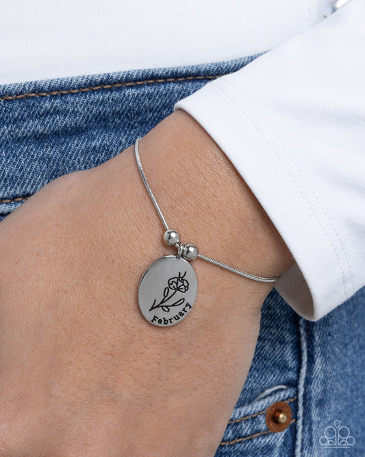 Paparazzi Personalized Bouquet - February - Silver Stamped "February" & Violet Birth Month Flower Charm Sliding Bead Closure Bracelet B2600