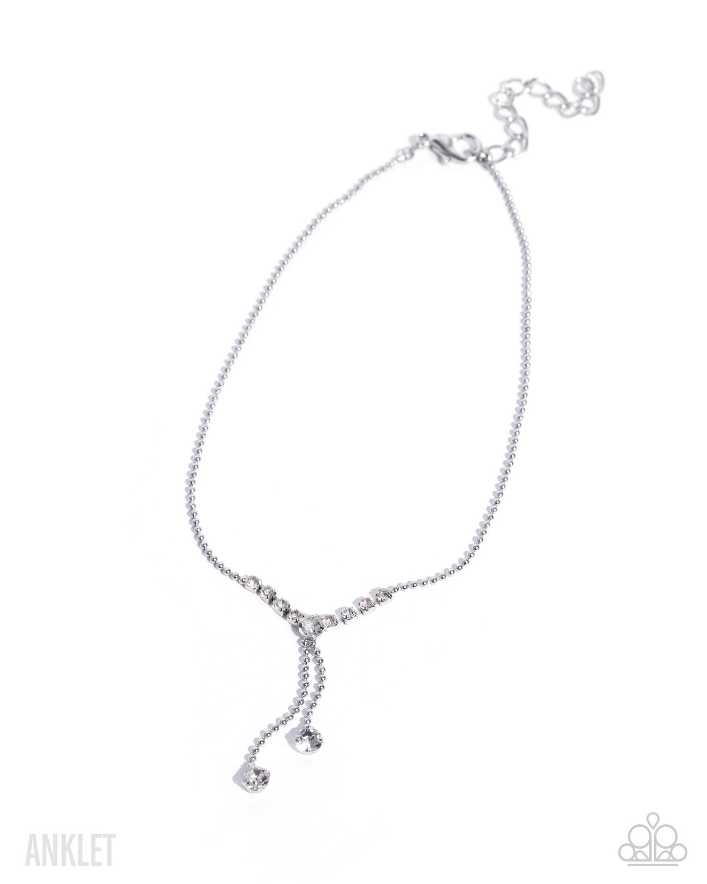 Paparazzi Darling Disposition - White Rhinestone Gem Silver Tassel Anklet