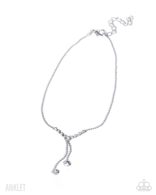 Paparazzi Darling Disposition - White Rhinestone Gem Silver Tassel Anklet